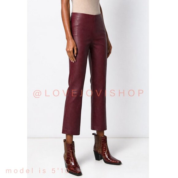 NYE Glam | Theory Bourdeax Genuine Leather Ankle Pant | Wide Subtle Flare Wine - Picture 2 of 16